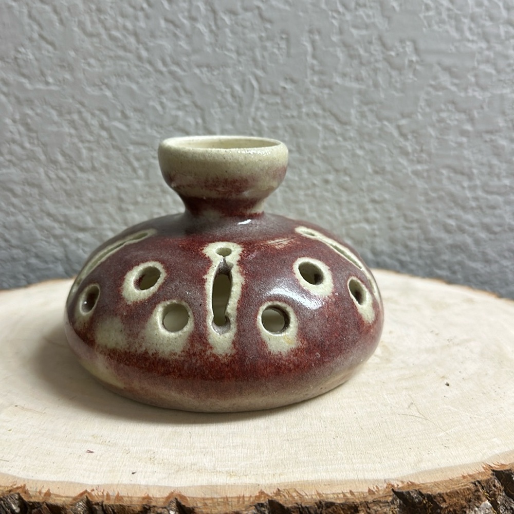 Pottery Vintage Flower Frog Artist Signed Hand Thrown Brown Drip Glaze